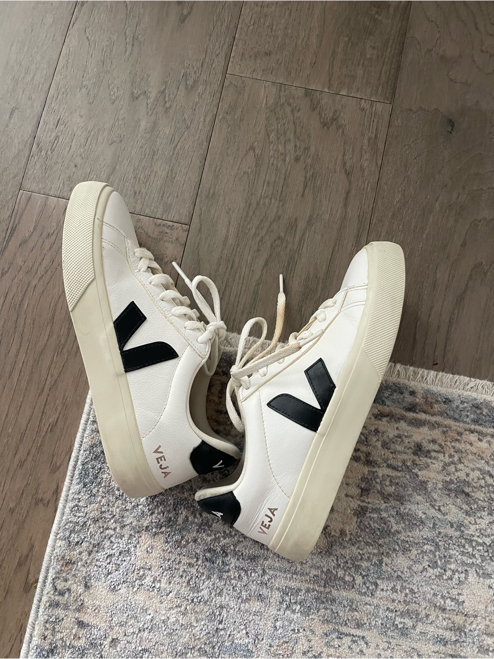Veja Leather Low-Top Sneaker in White and Black - Picture 2 of 12